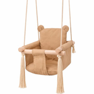 Детска Дървена Люлка Мече – Мека Памучна Седалка, до 30 кг, 28×28×196 см W01D203