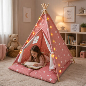 Детска Памучна Палатка Little Stars, Типи, Розова със Звезди, 100% Памук, с Мека Подложка с Пълнеж, Възглавница и LED Лампички, 120 × 120 × 160 см