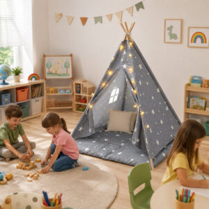 Детска Памучна Палатка Little Stars, Типи, Сива със Звезди, 100% Памук, с Мека Подложка с Пълнеж, Възглавница и LED Лампички, 120 × 120 × 160 см